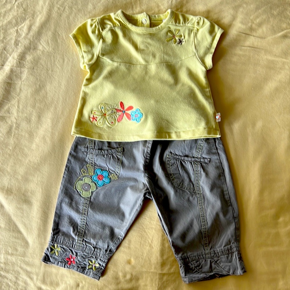 Petit Lem Baby Cute Yellow Green T-shirt Shorts With Floral Motifs Size 9 Months